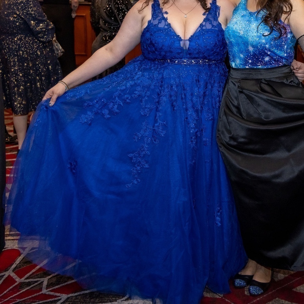 Eva Royal Blue Corset Back Tulle Full Skirt Gown Dress with Floral Detail